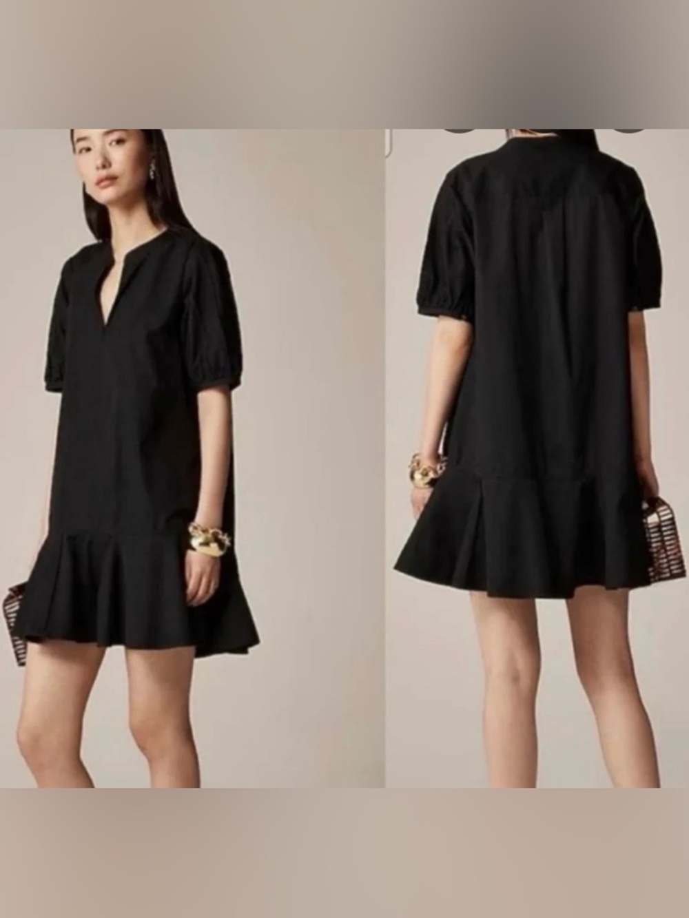 J. Crew Black Puff-Sleeve Flare-Hem Dress in Cotton Poplin, XXS